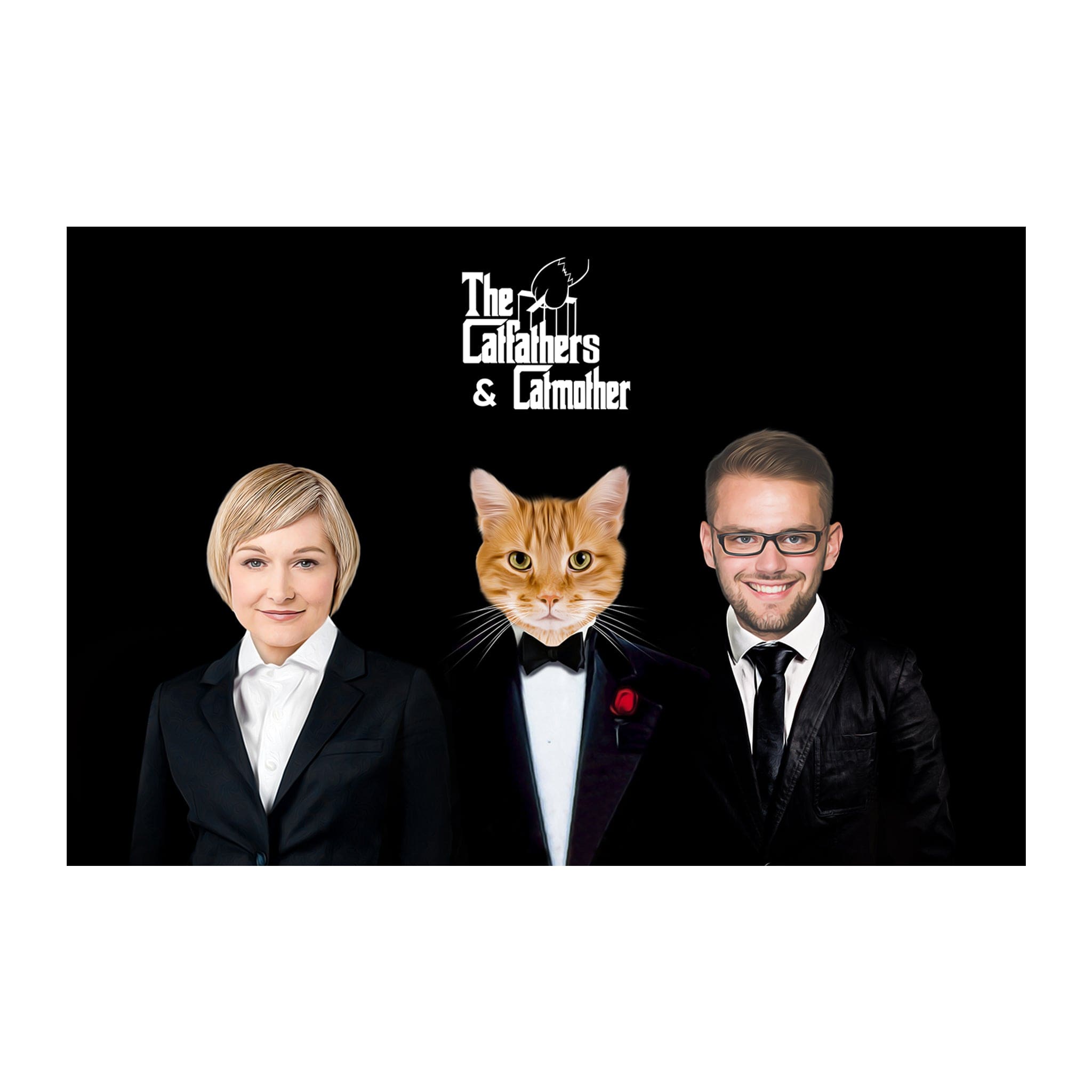 Personalized digital portrait featuring a woman, man, and ginger cat in "The Catfathers & Catmother" style.