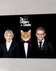 Personalized "The Catfathers & Catmother" canvas featuring a woman, man, and cat in tuxedos on black.