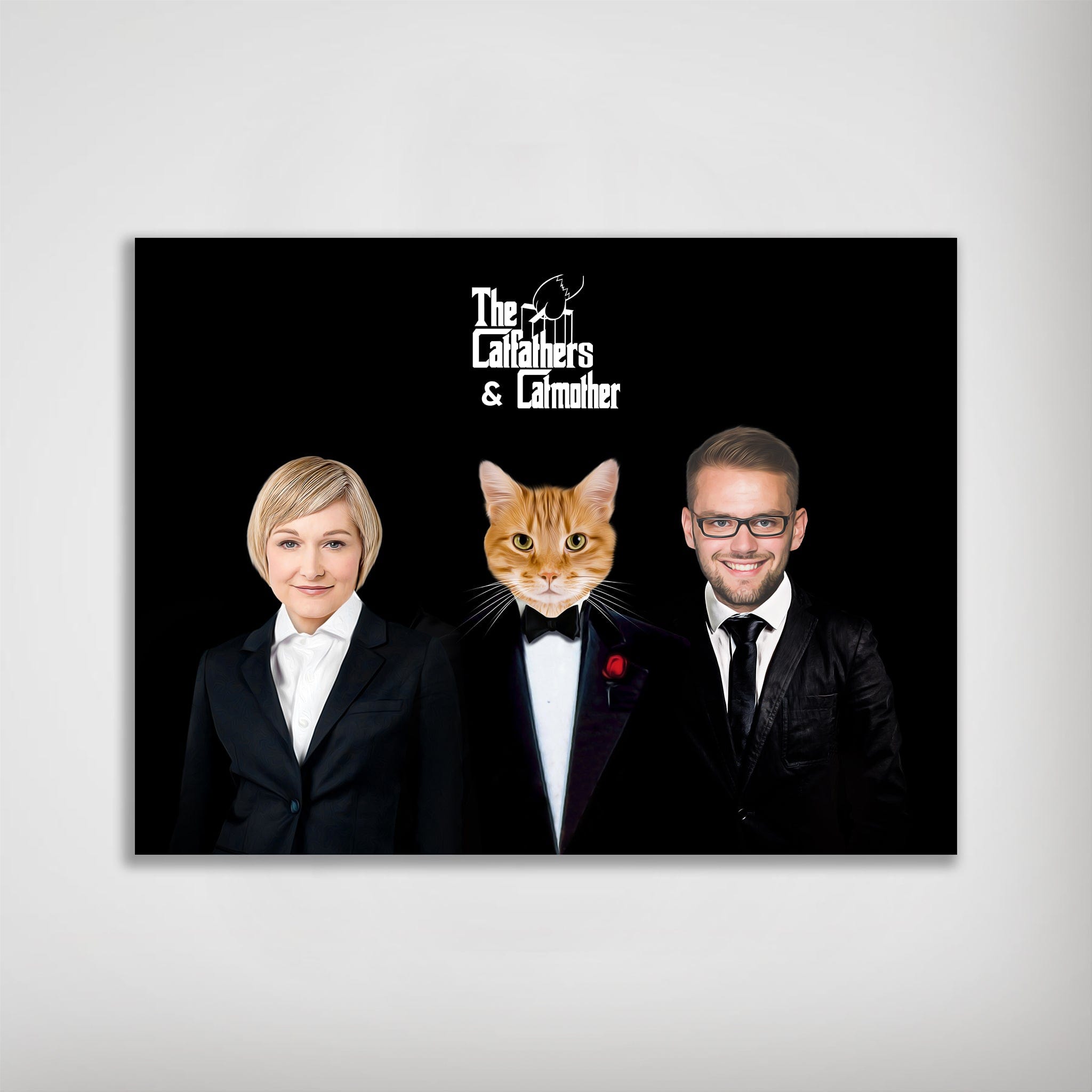 Personalized "The Catfathers & Catmother" poster featuring a woman, cat, and man in suits on black.