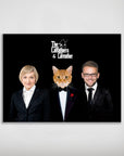 Personalized "The Catfathers & Catmother" poster featuring a woman, cat, and man in suits on black.