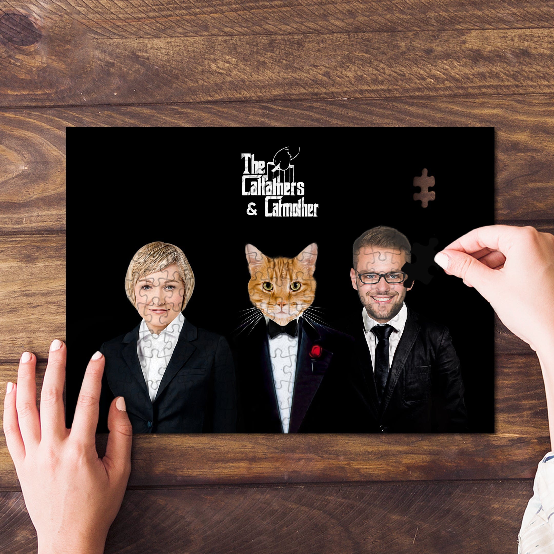 Personalized 'The Catfathers & Catmother' puzzle with custom pet and owner portraits.