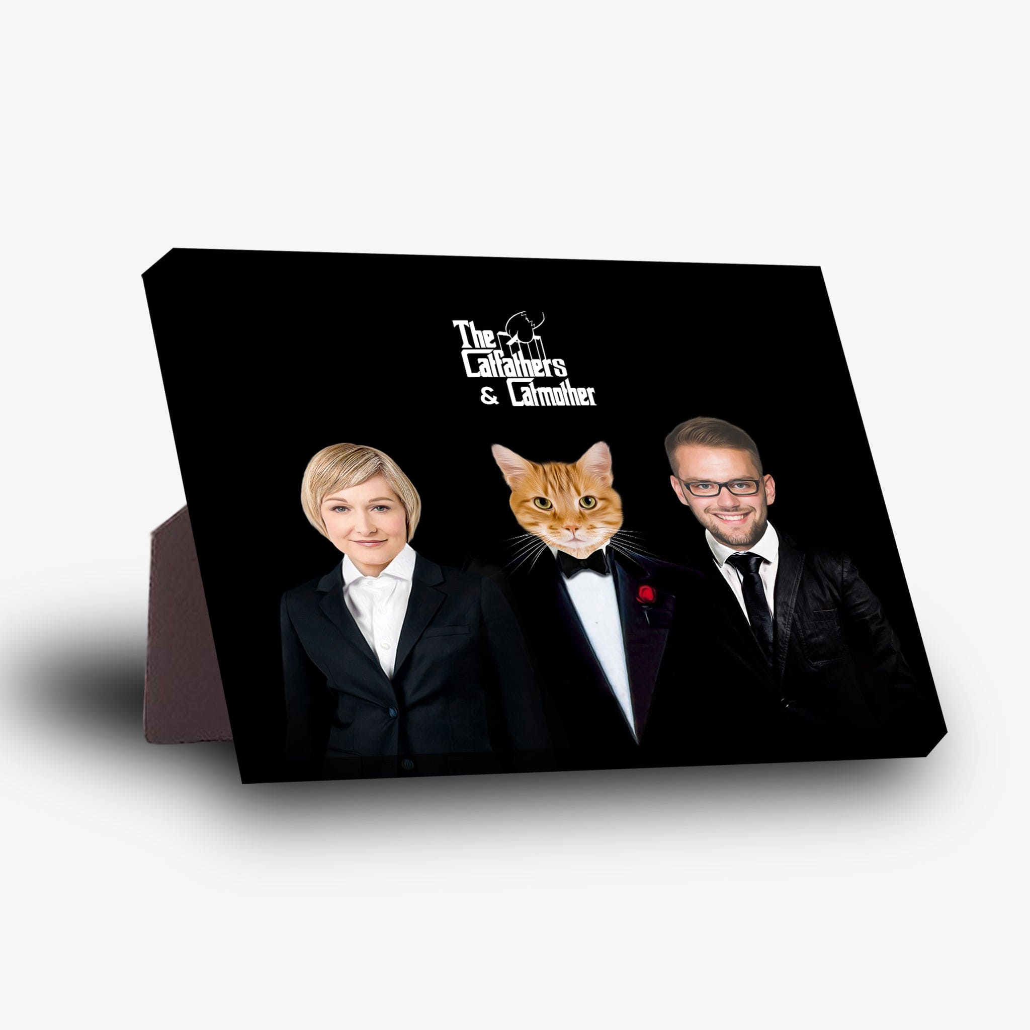 Personalized "The Catfathers & Catmother" standing canvas featuring a cat, woman, and man in suits.