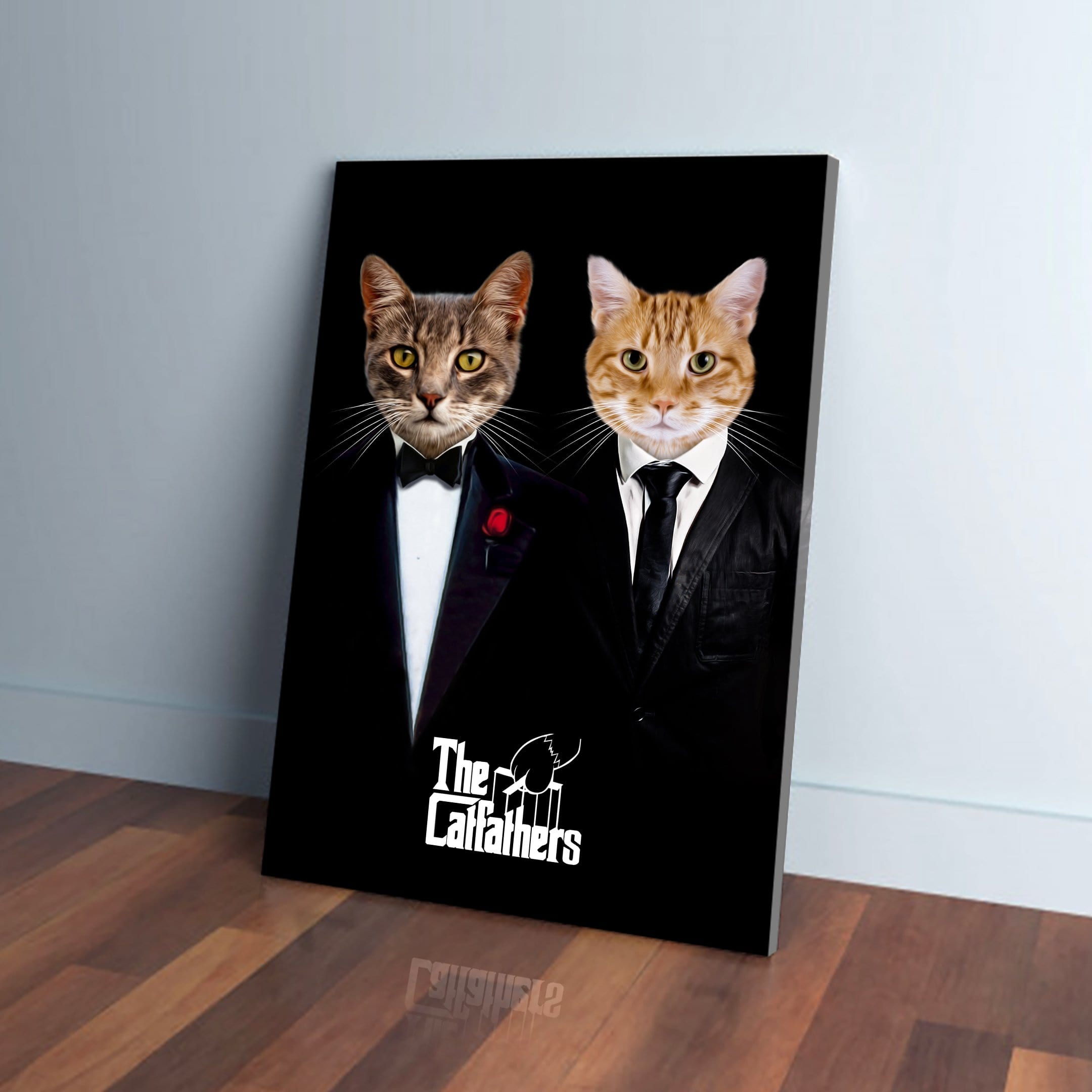 Custom 'The Catfathers' canvas featuring two cats in black tuxedos, one gray and one orange, on a dark background.