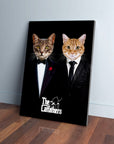 Custom 'The Catfathers' canvas featuring two cats in black tuxedos, one gray and one orange, on a dark background.