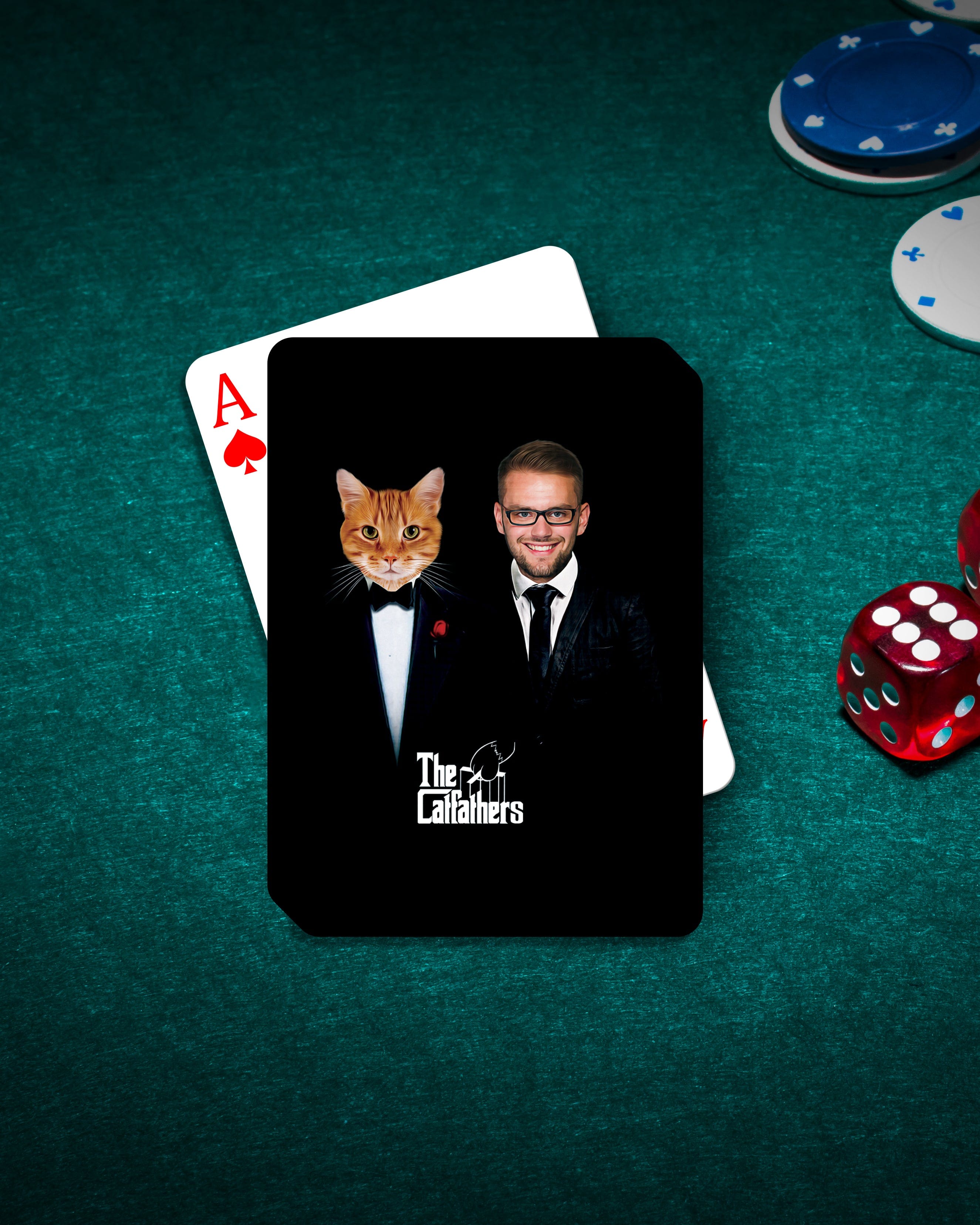 Personalized 'Catfathers' playing card featuring a custom pet portrait of an orange cat in a tuxedo.
