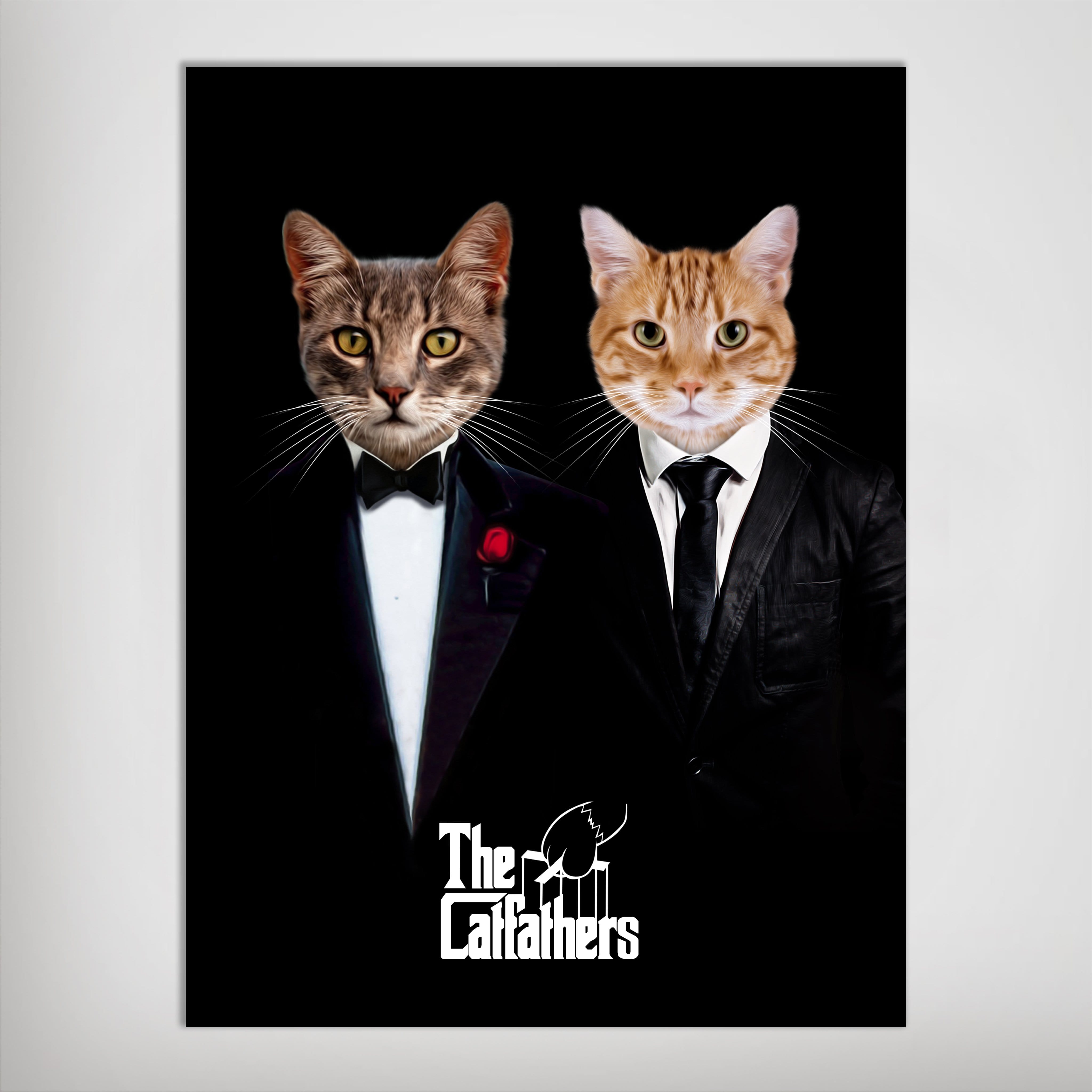 Personalized 'The Catfathers' poster featuring two pets in suits on a black background.