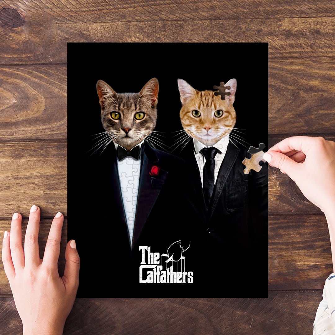 Personalized "The Catfathers" puzzle featuring two custom pet portraits of cats in suits.