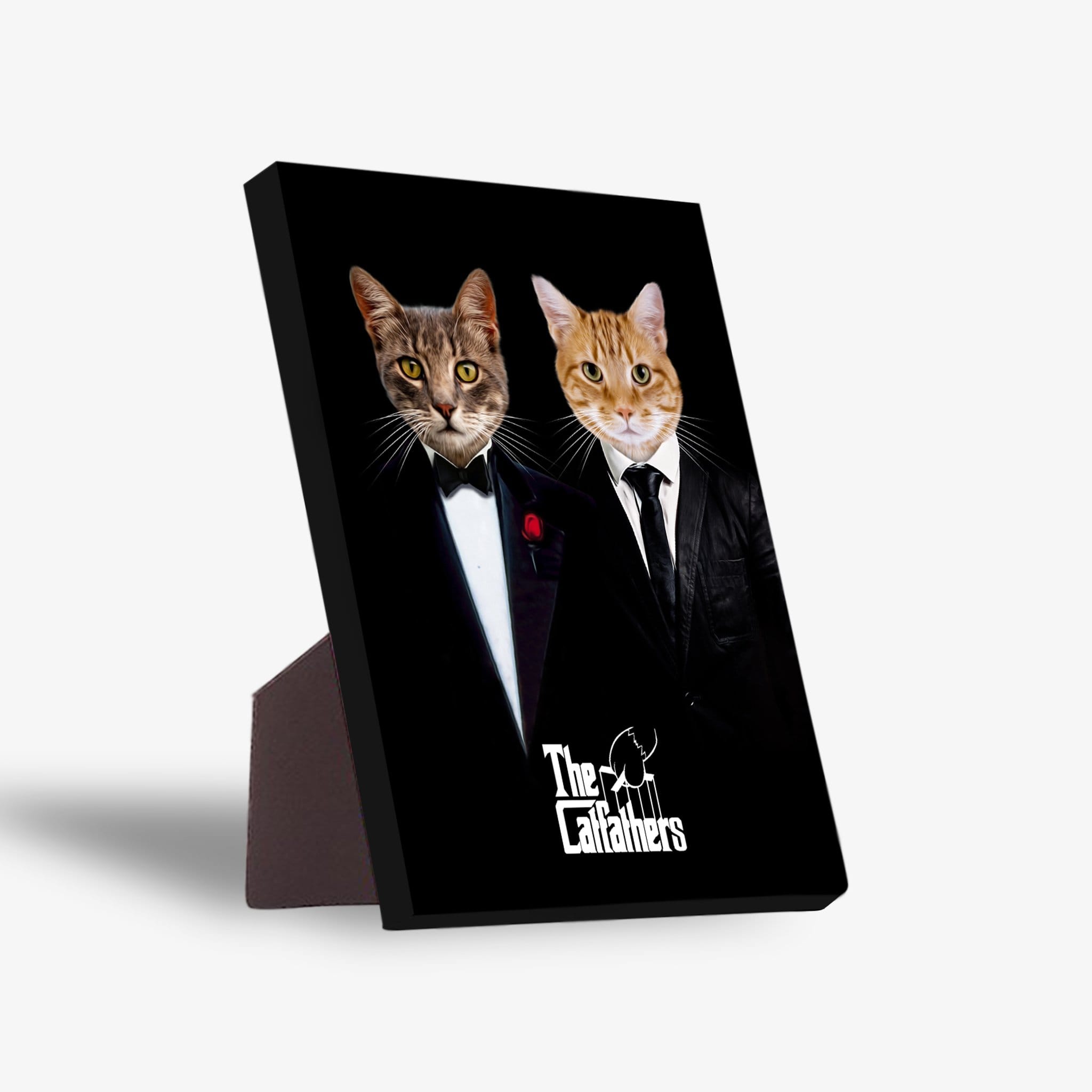 Personalized "The Catfathers" standing canvas featuring two pets in black suits against a dark background.