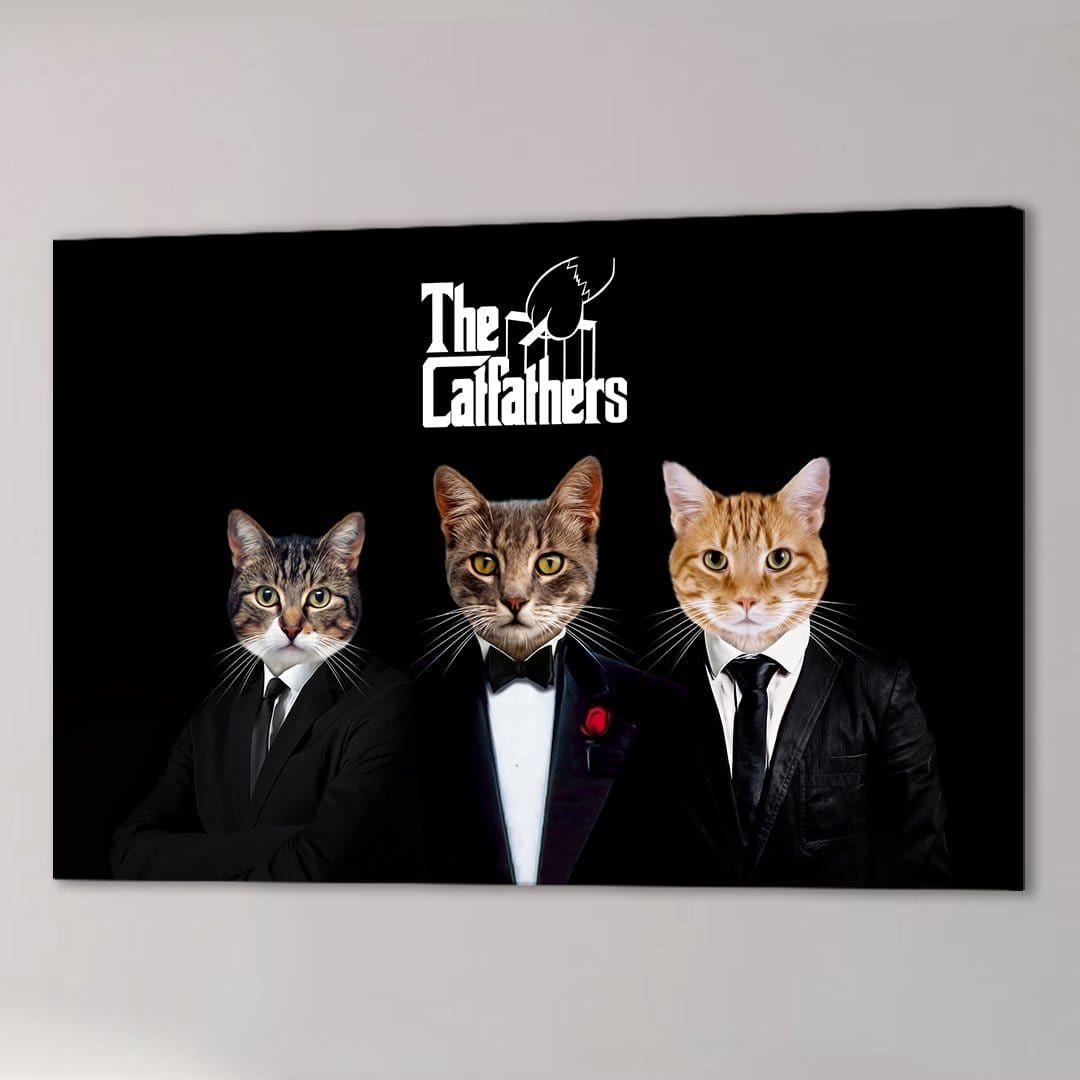 Personalized 'The Catfathers' canvas featuring three pets in black suits against a black background.
