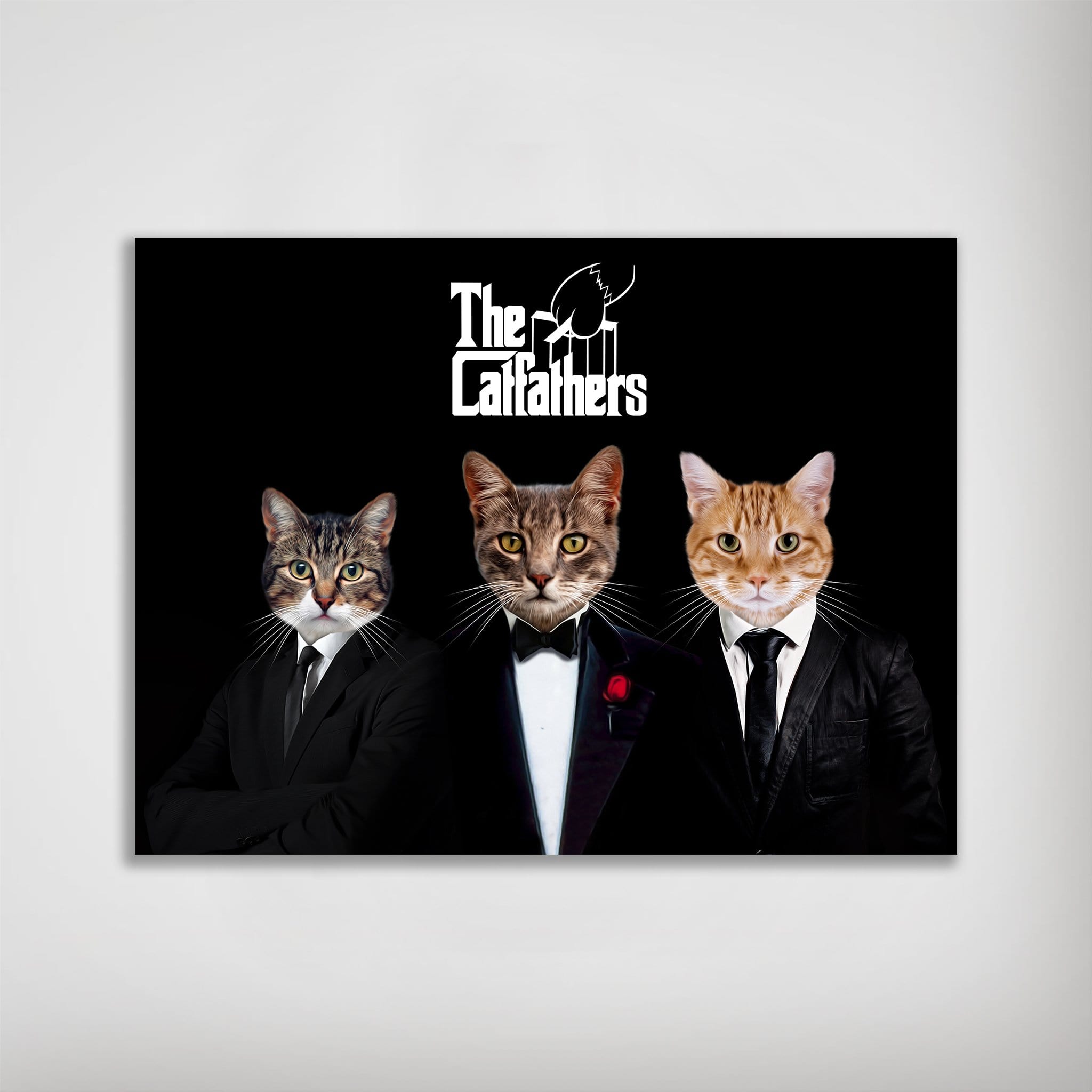 Personalized 'The Catfathers' poster featuring three pets in suits on a black background.