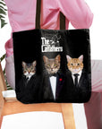 Personalized black tote bag with three custom cat portraits dressed as "The Catfathers.