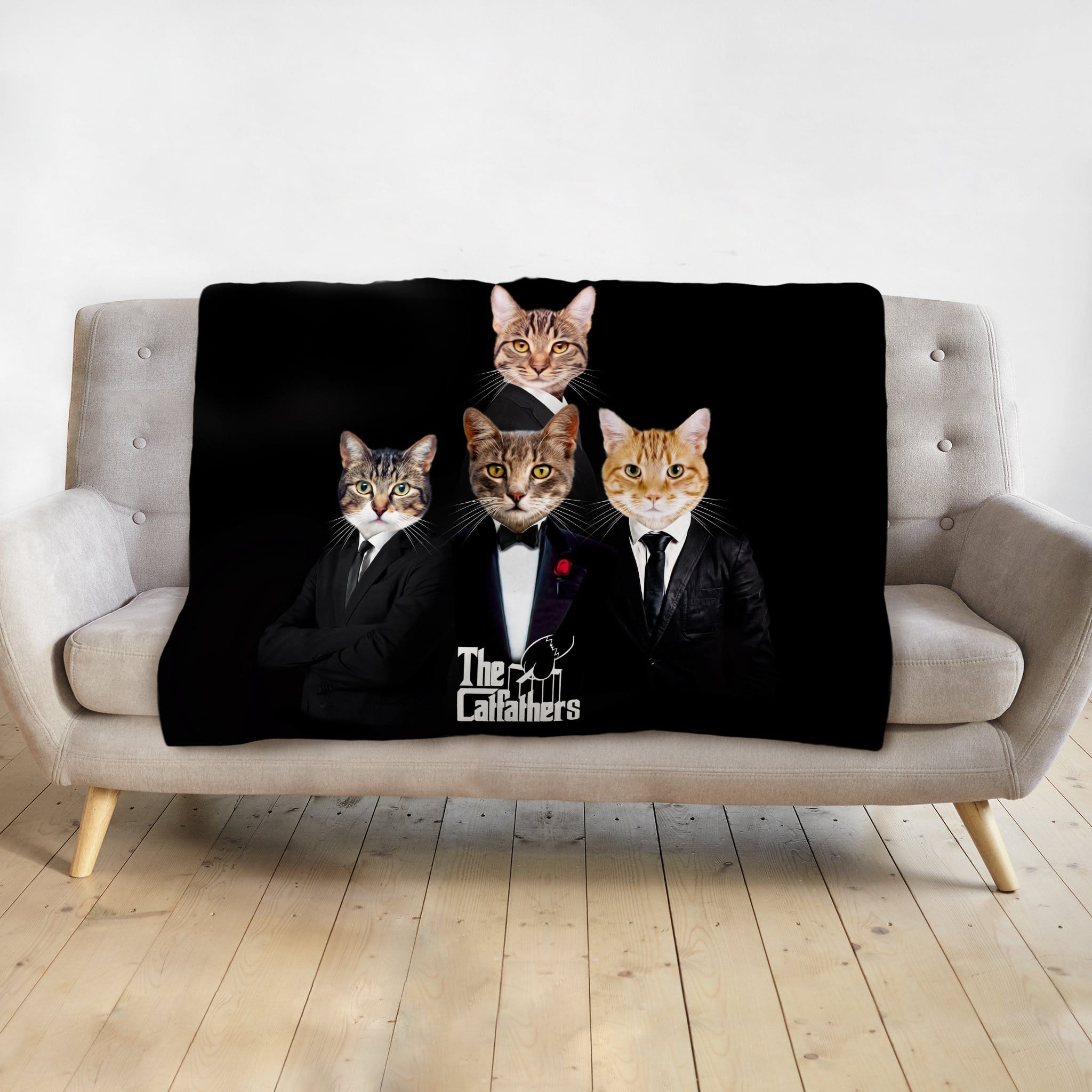 Custom black minky blanket with four personalized cat portraits in "The Catfathers" renaissance style.