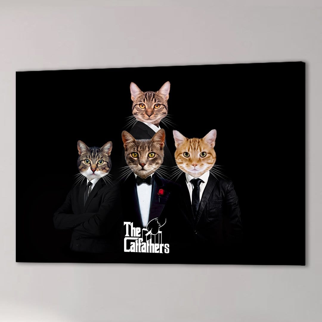 Personalized "The Catfathers" canvas featuring four custom pet portraits in black suits on a dark background.