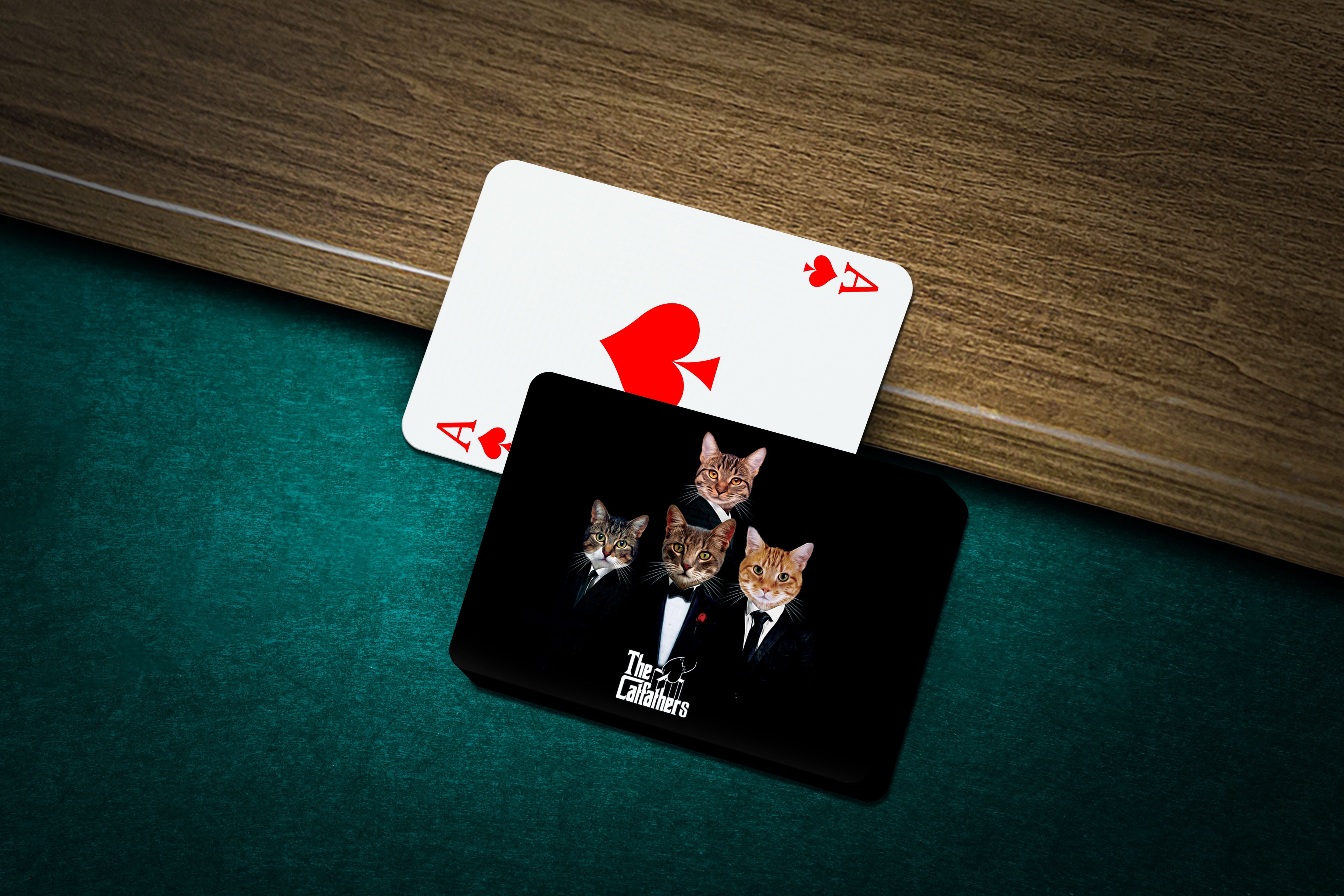 Personalized playing cards featuring four cats in "The Catfathers" style on a green felt table.
