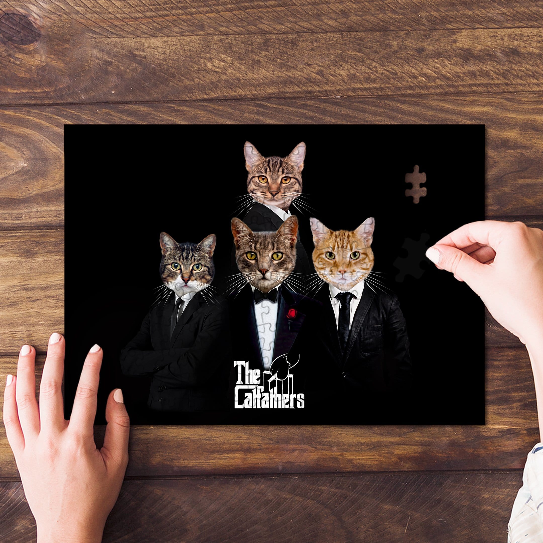Custom "The Catfathers" personalized 4-pet puzzle with cats in suits, on a wooden table.