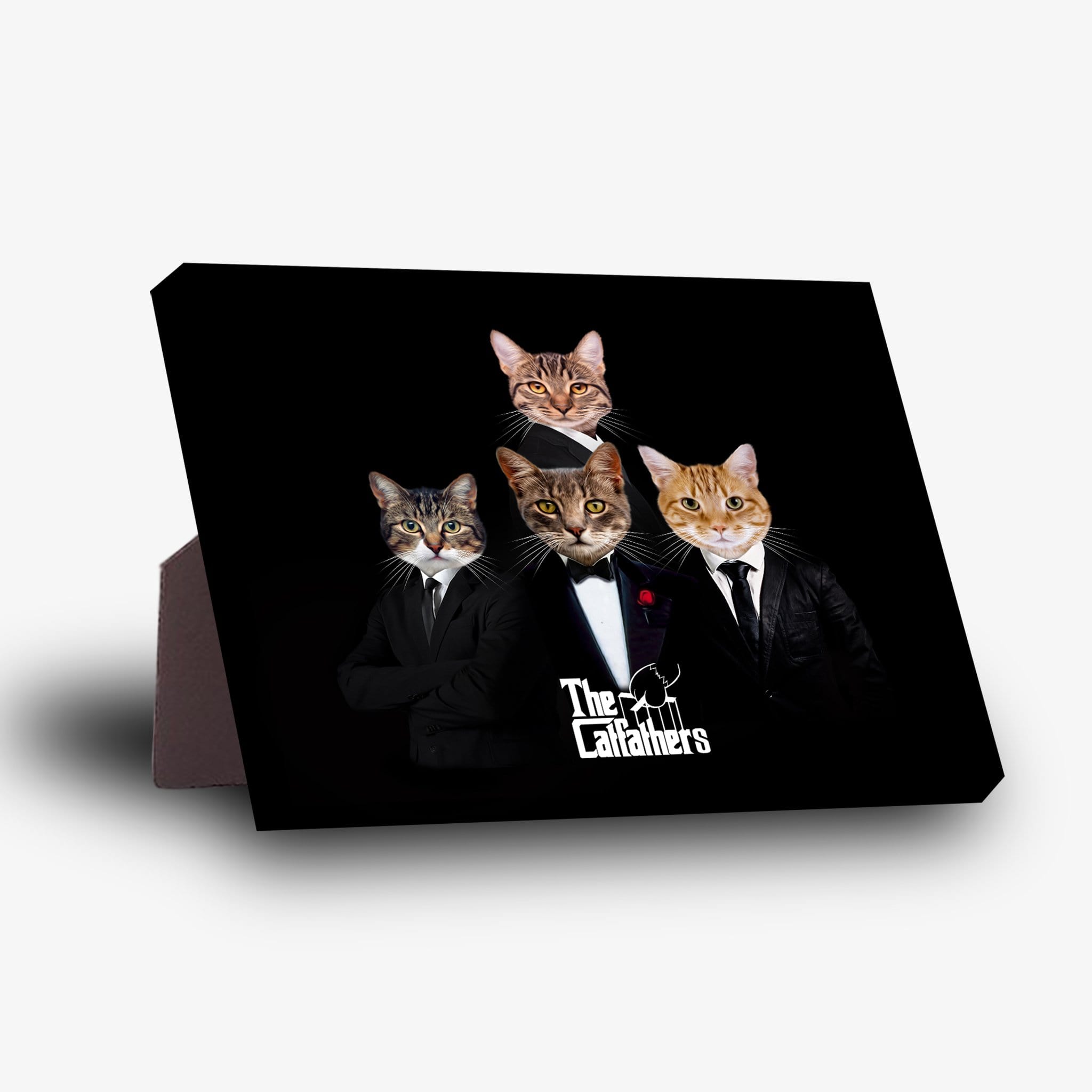 Personalized 4-pet standing canvas featuring cats in "The Catfathers" suits on a black background.