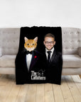Personalized black minky blanket with a custom "The Catfathers" portrait of a cat and man in tuxedos.