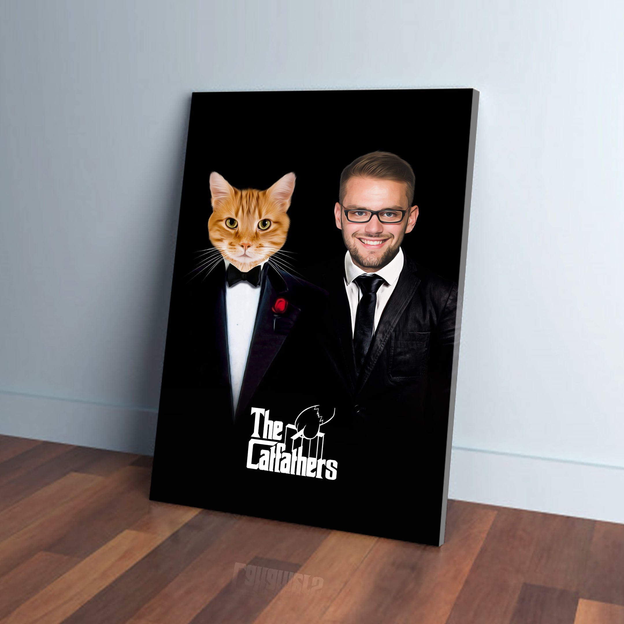 Personalized "The Catfathers" canvas featuring a man and an orange cat in tuxedos on a black background.
