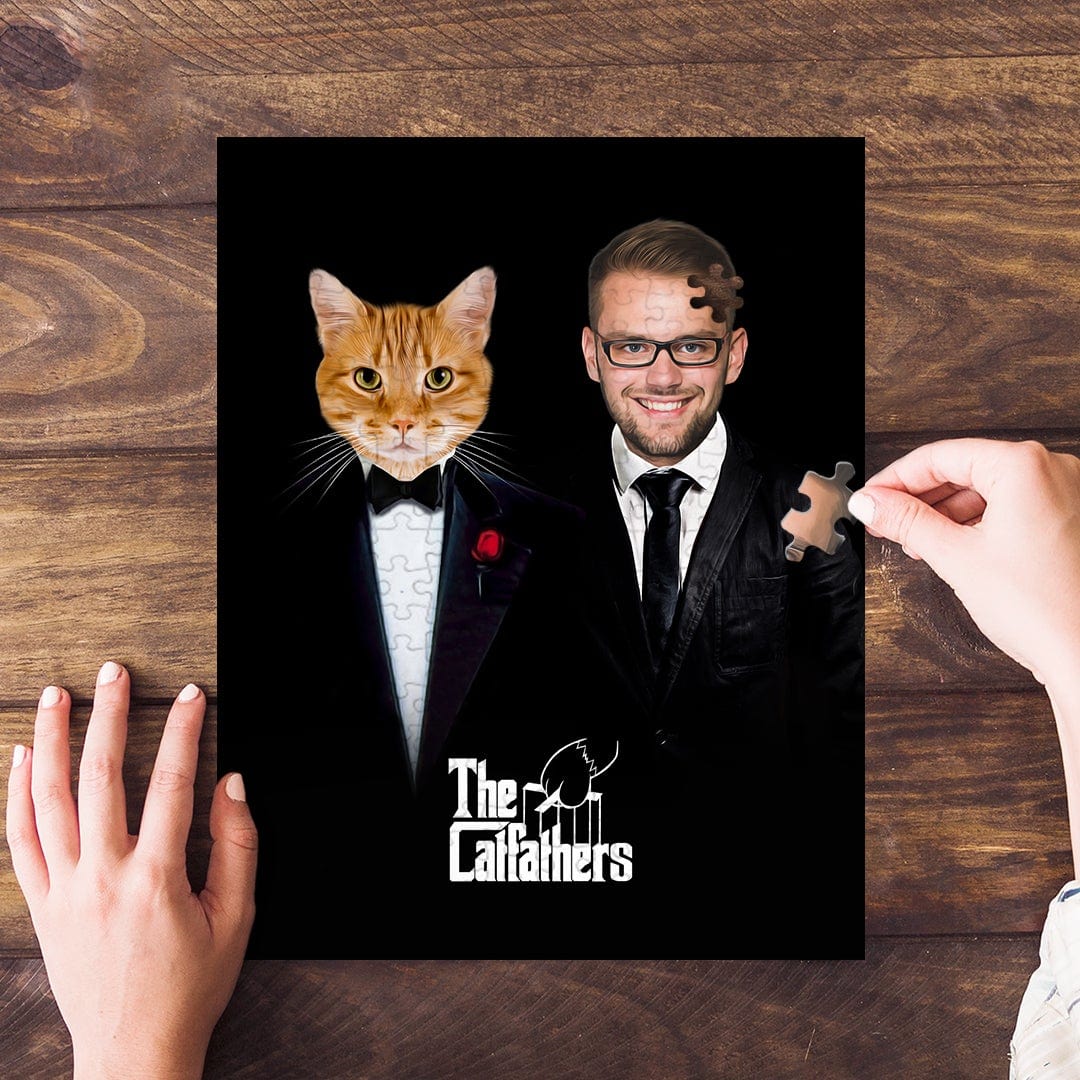 Personalized 'The Catfathers' puzzle featuring a custom portrait of a man and an orange cat in tuxedos.