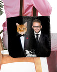 Personalized black tote bag with a custom cat and owner portrait in "The Catfathers" style.