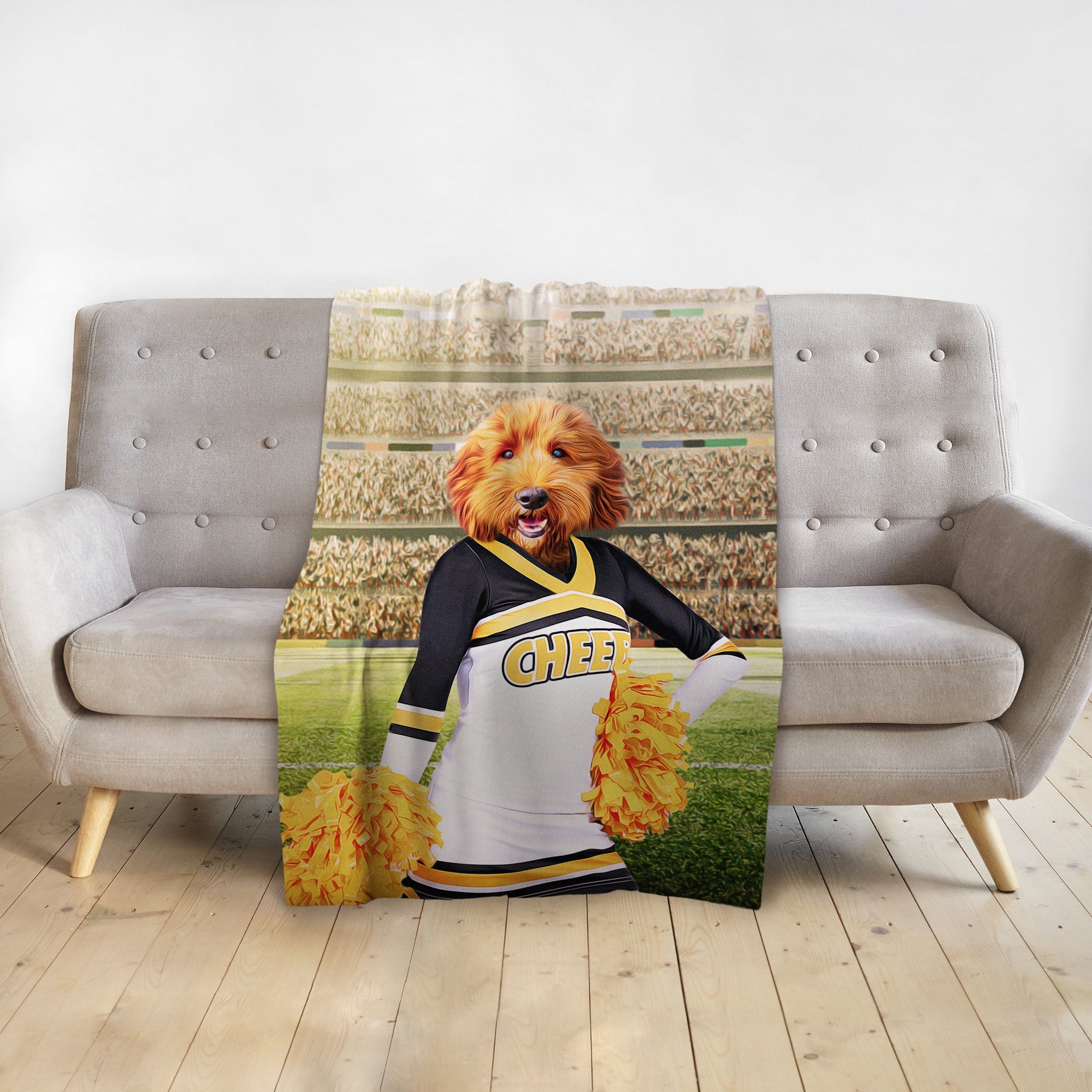 Personalized pet blanket featuring a dog in a cheerleader uniform at a stadium.