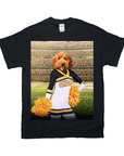 Black Gildan t-shirt with a personalized pet cheerleader design, featuring a dog's head on a white uniform.