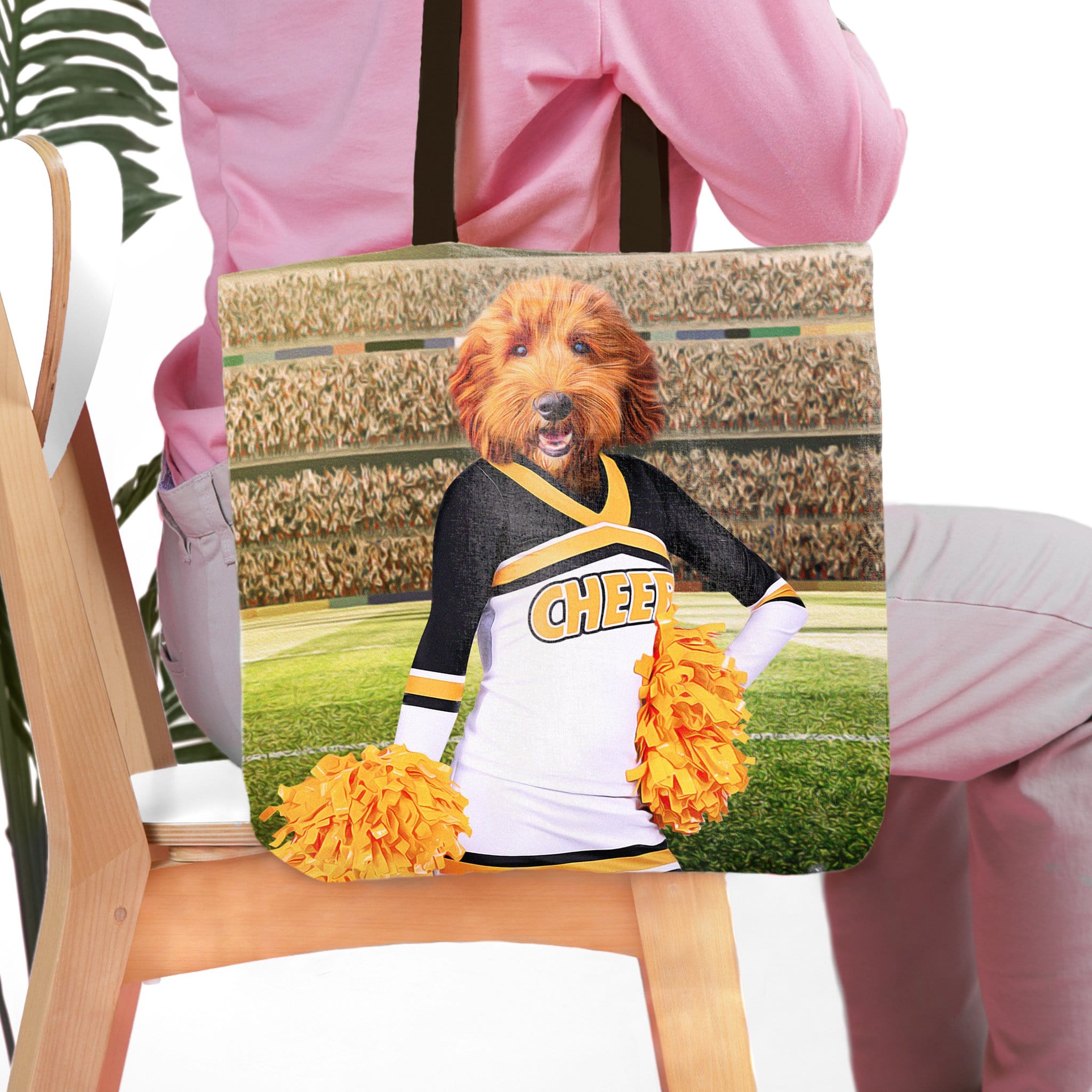 Personalized 'Cheerleader' tote bag with a custom dog portrait in a cheer uniform.