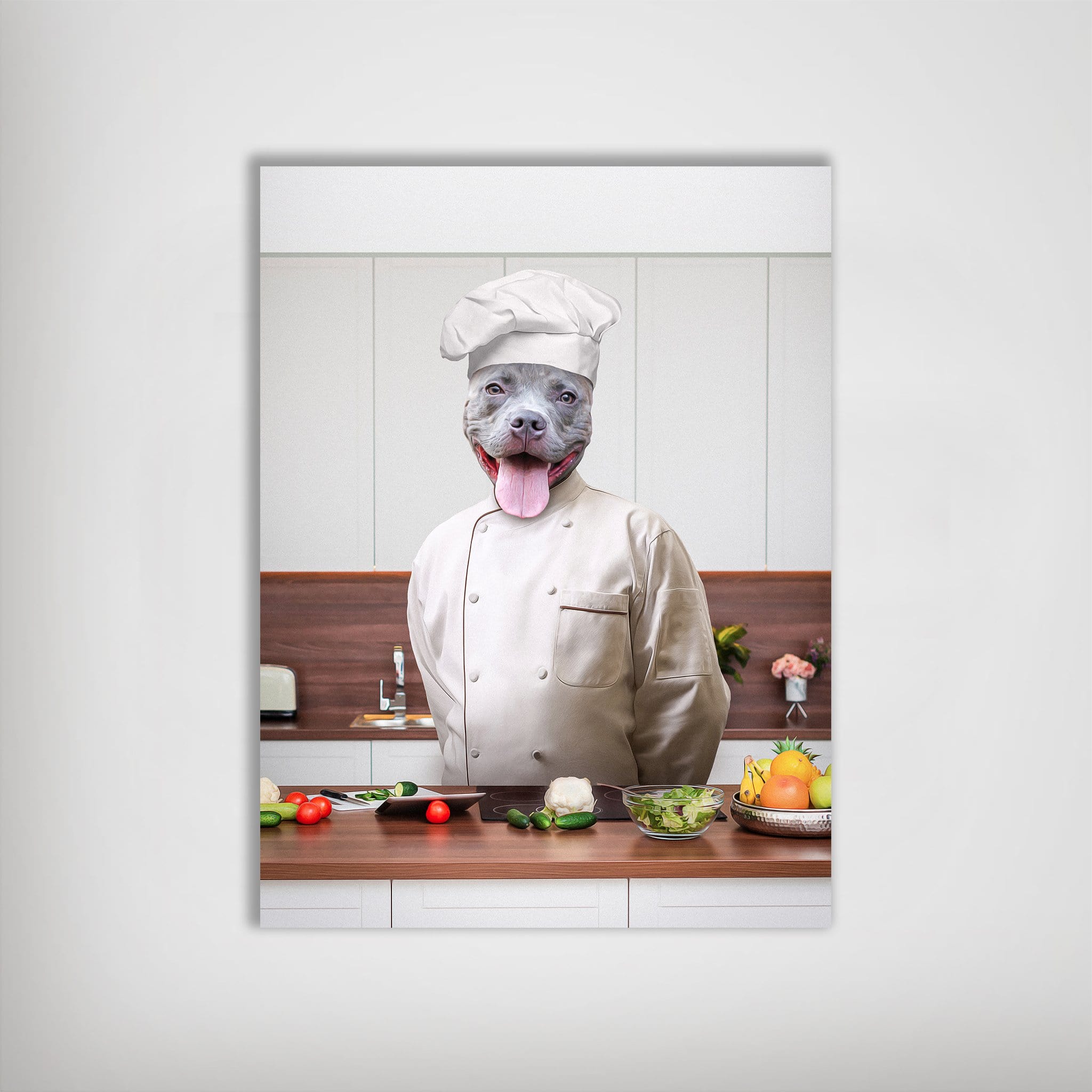 Personalized dog poster featuring a grey pitbull's head on a chef's body in a kitchen, preparing food.