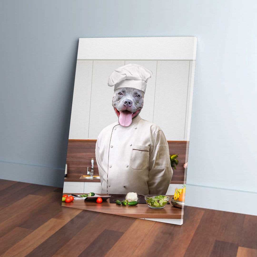 Personalized 'The Chef' pet canvas featuring a smiling grey pitbull in a white chef's uniform, standing in a kitchen.