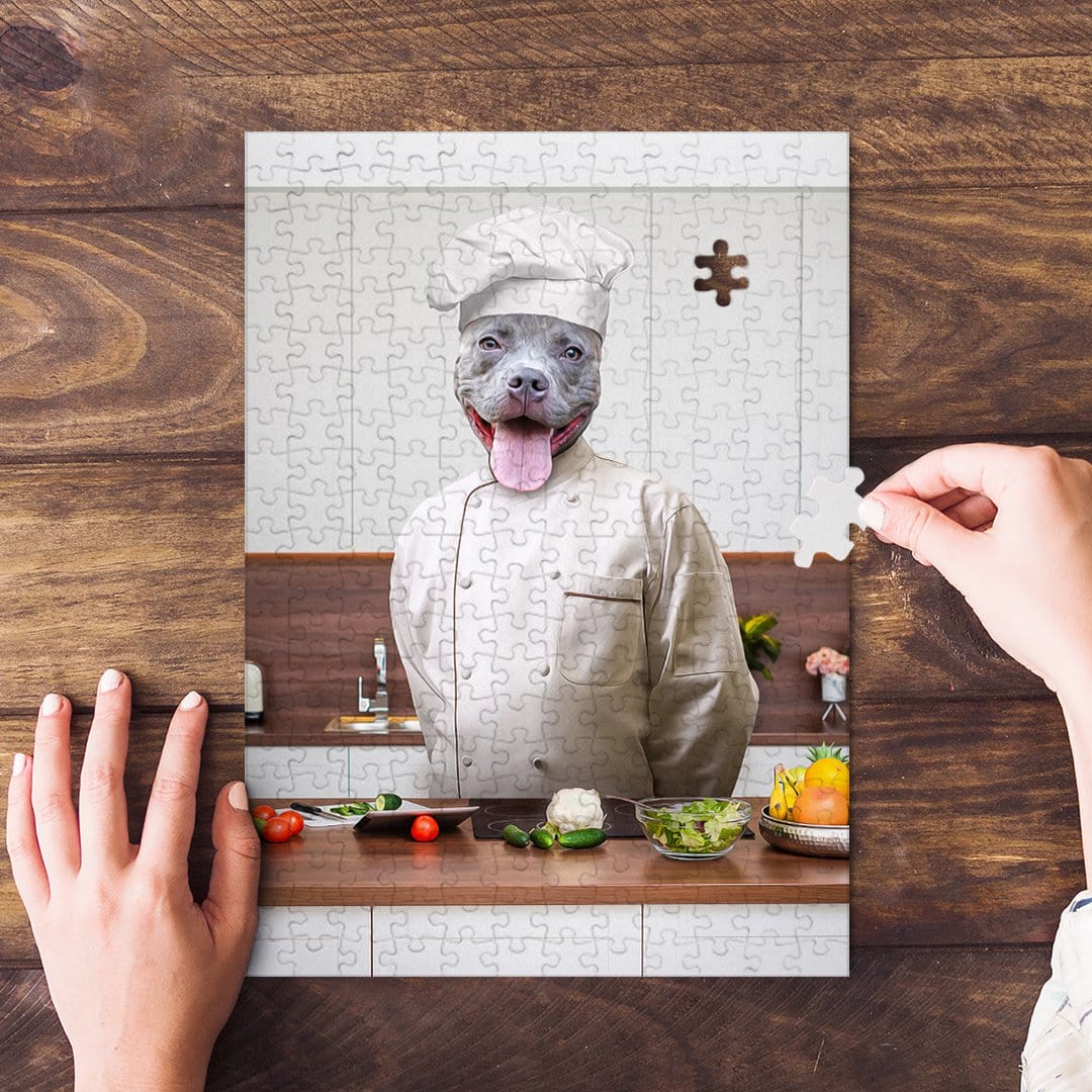Personalized pet puzzle featuring a smiling grey pit bull dog in a chef's uniform in a kitchen setting.
