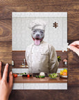 Personalized pet puzzle featuring a smiling grey pit bull dog in a chef's uniform in a kitchen setting.