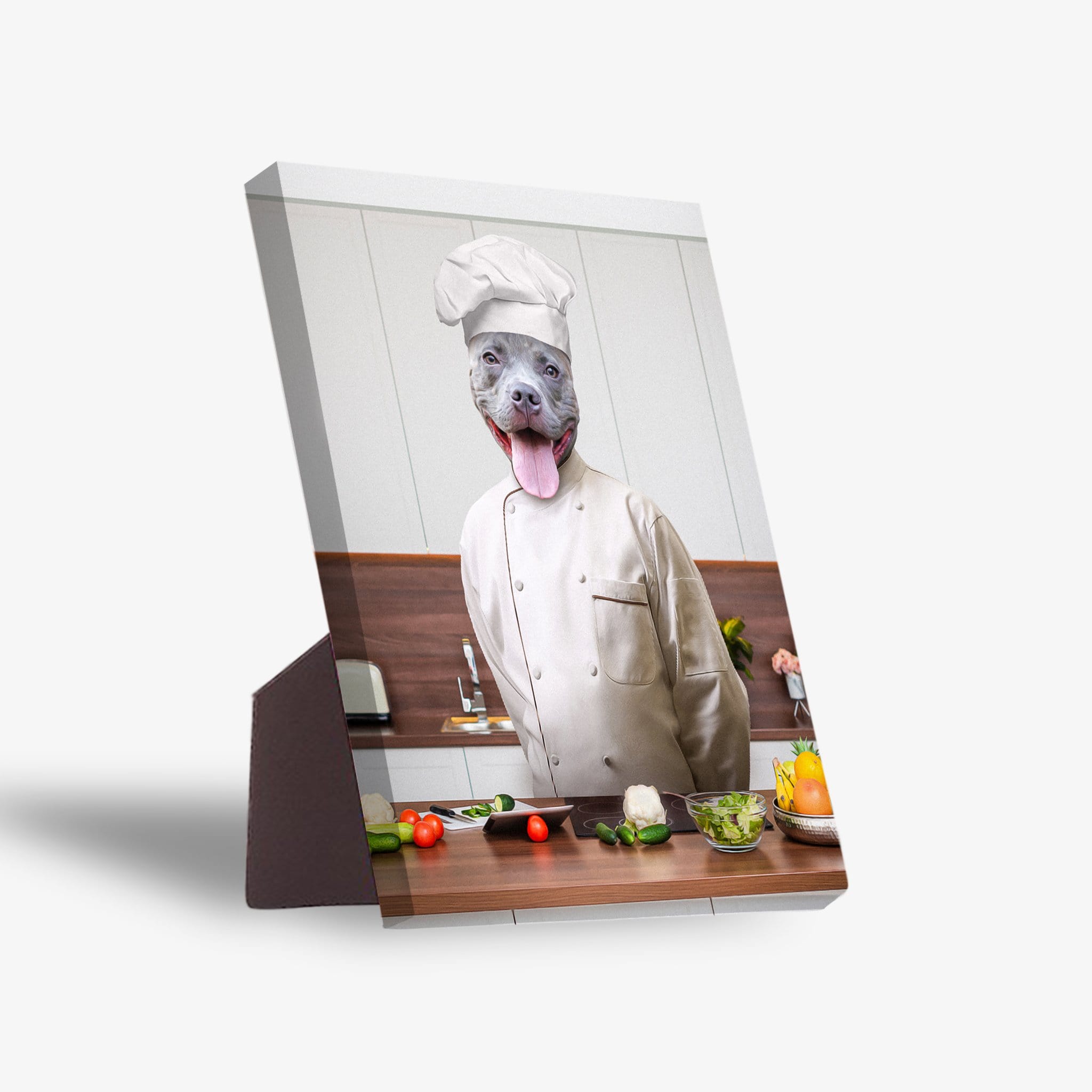 Personalized pet standing canvas featuring a gray dog in a white chef's hat and coat, standing in a kitchen.