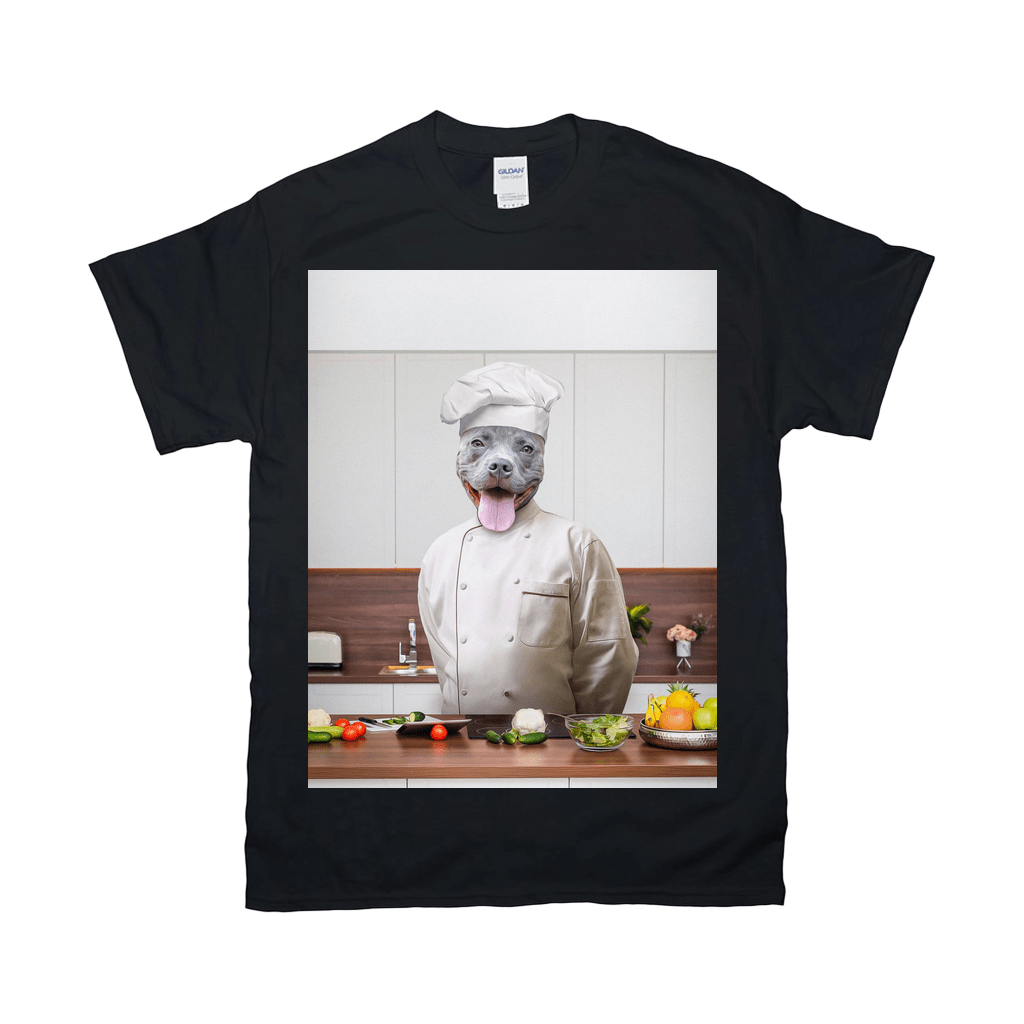 Black Gildan unisex t-shirt featuring a personalized design of a smiling grey pit bull dog in a chef's hat and coat in a kitchen.