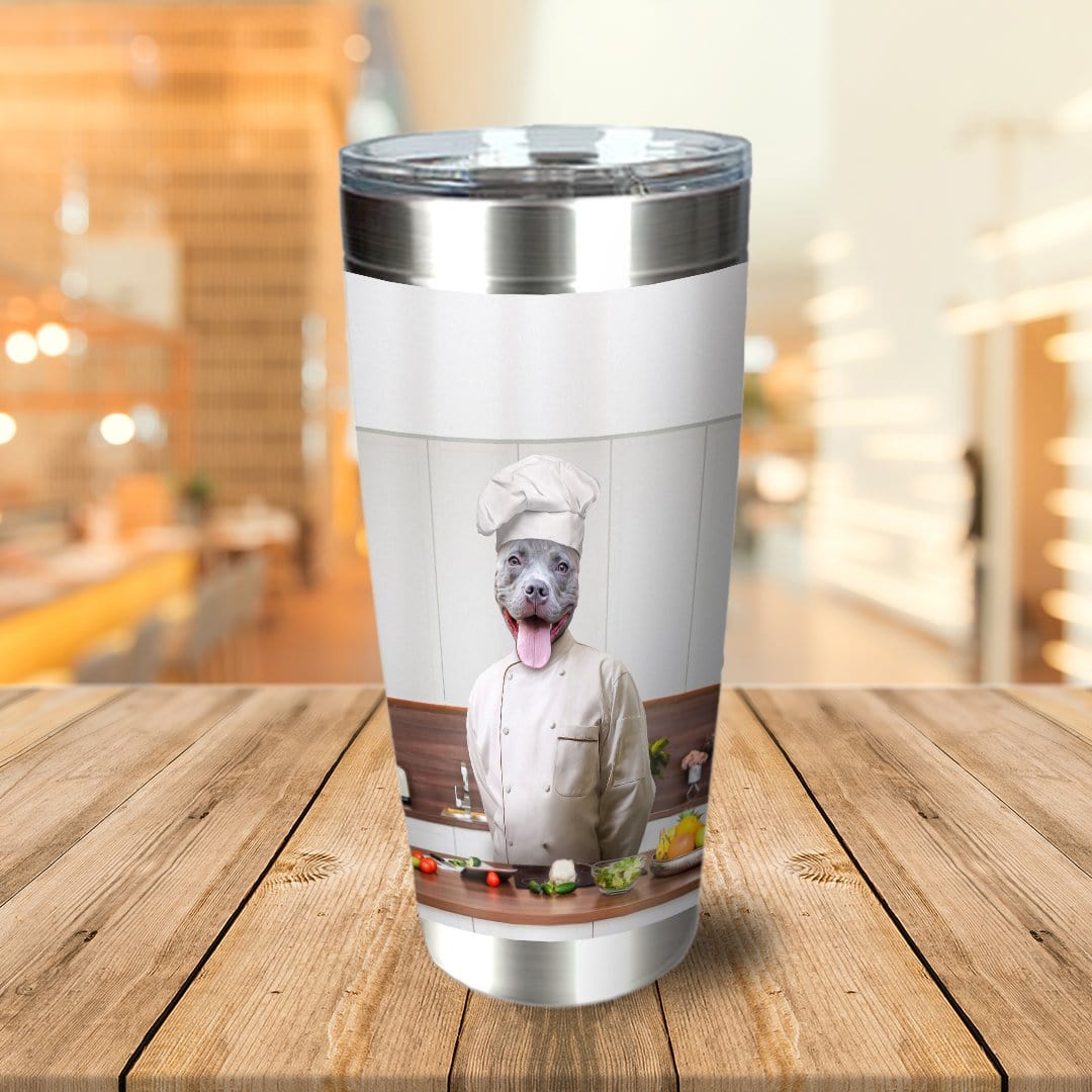 Personalized stainless steel tumbler with a custom dog chef portrait.