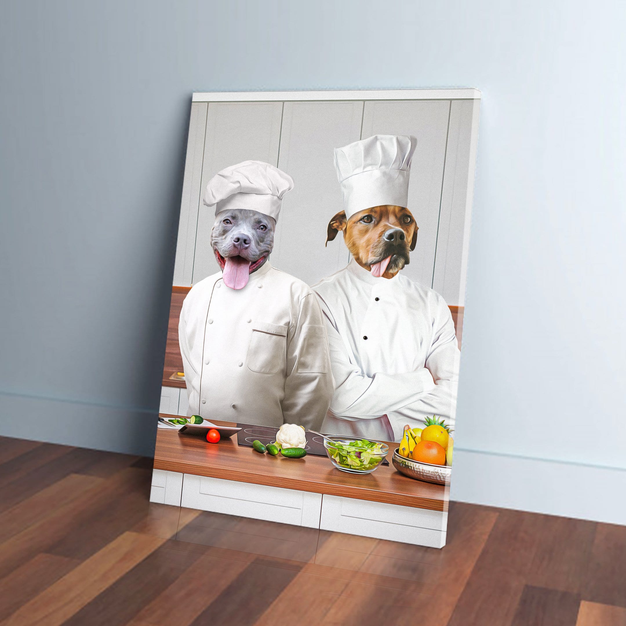 Personalized canvas art of two dogs as chefs in white uniforms, preparing food on a wooden counter.