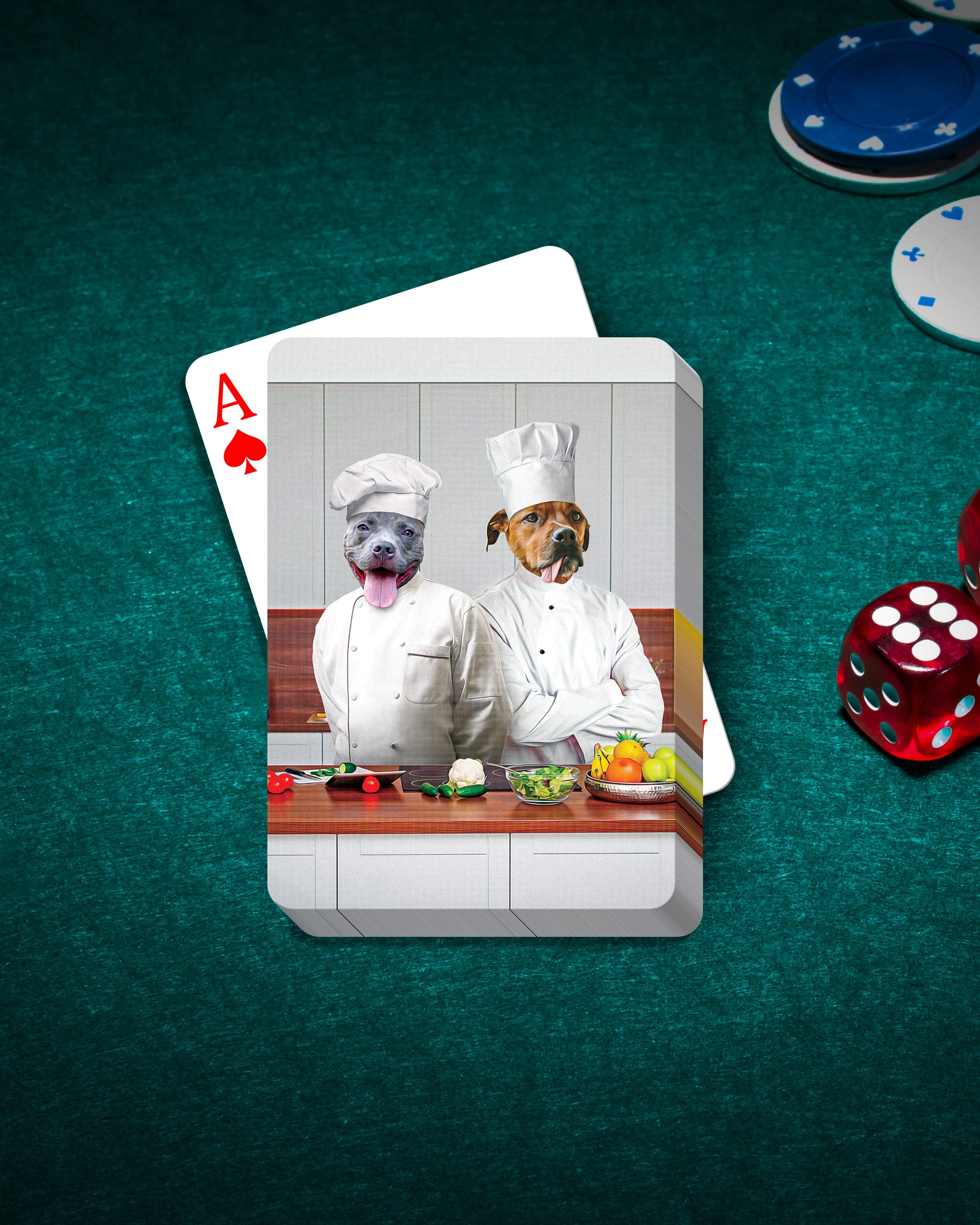 Personalized playing cards featuring two custom pet dog portraits as chefs on a green felt table with poker chips and dice.