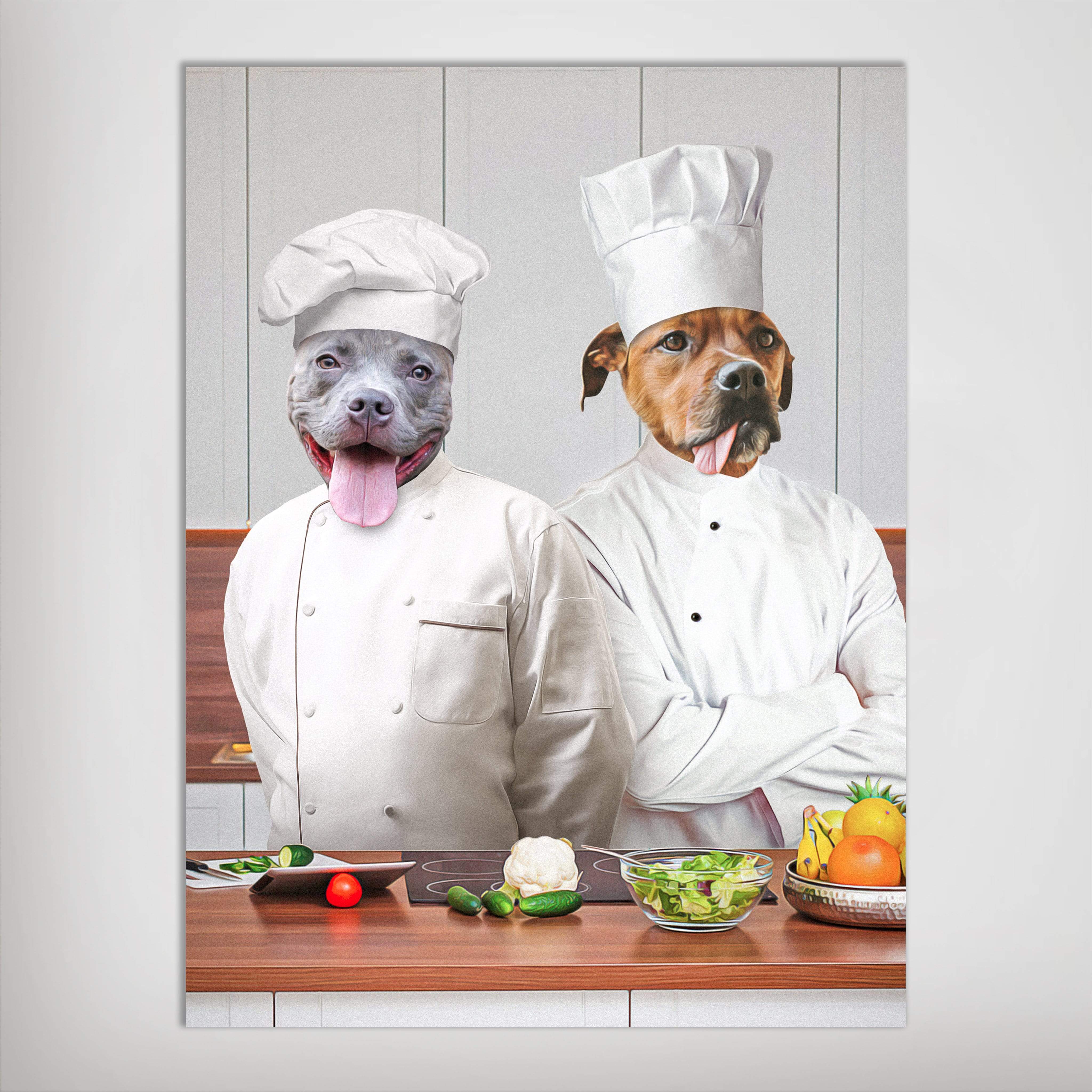 Personalized matte poster featuring two dogs in chef hats and white uniforms, standing in a kitchen with vegetables.