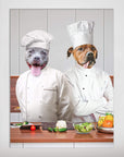 Personalized matte poster featuring two dogs in chef hats and white uniforms, standing in a kitchen with vegetables.