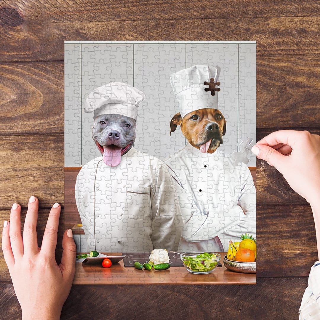 Personalized 2-pet puzzle featuring two dogs dressed as chefs, with vegetables on a wooden counter.