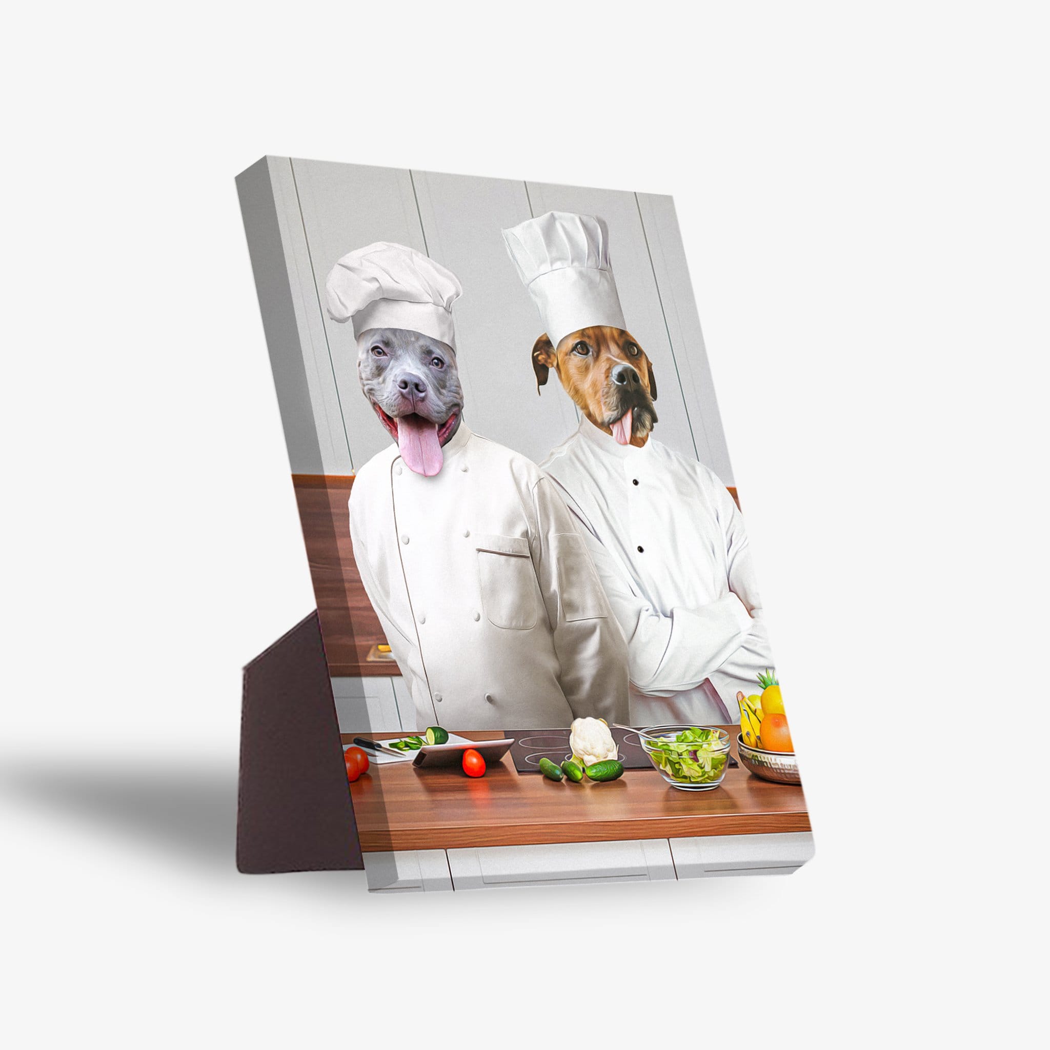 Personalized 2-pet standing canvas featuring dogs as chefs in white uniforms, cooking in a kitchen.
