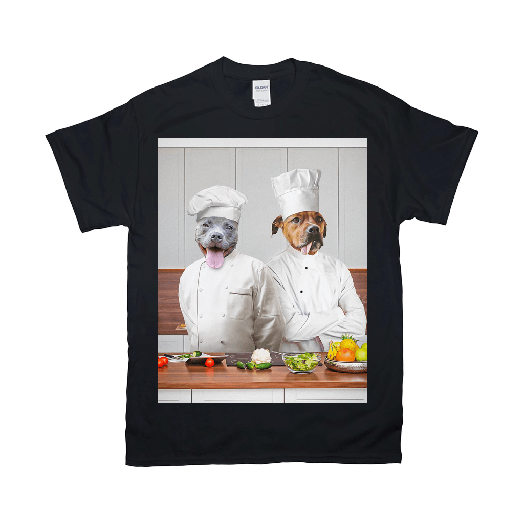 Black Gildan t-shirt with two dogs in chef hats and coats standing in a kitchen.