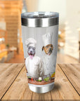 Personalized stainless steel tumbler with two dogs in chef outfits, a custom pet portrait.