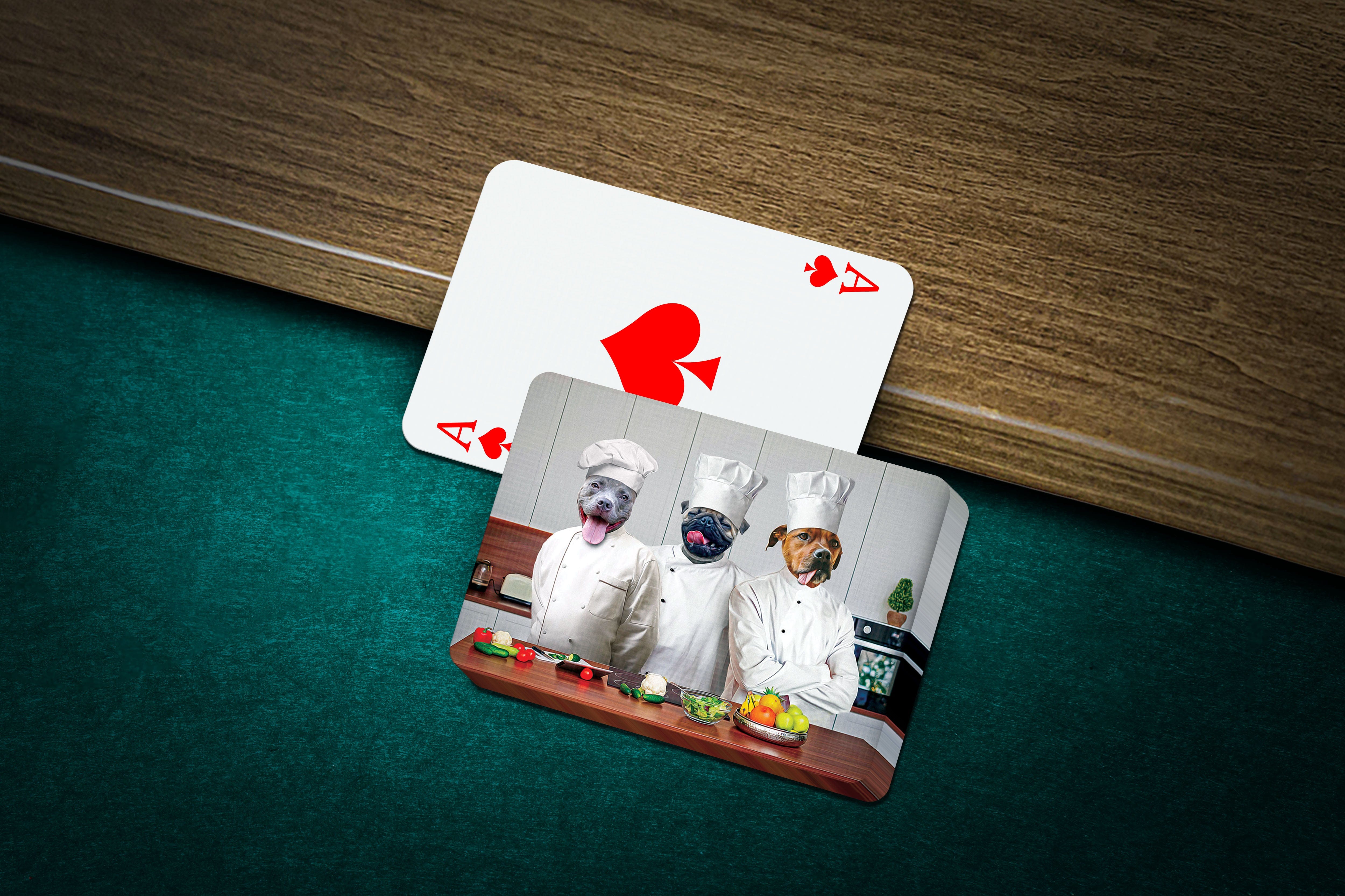 Personalized playing cards featuring three pets dressed as chefs, with an Ace of Spades card.