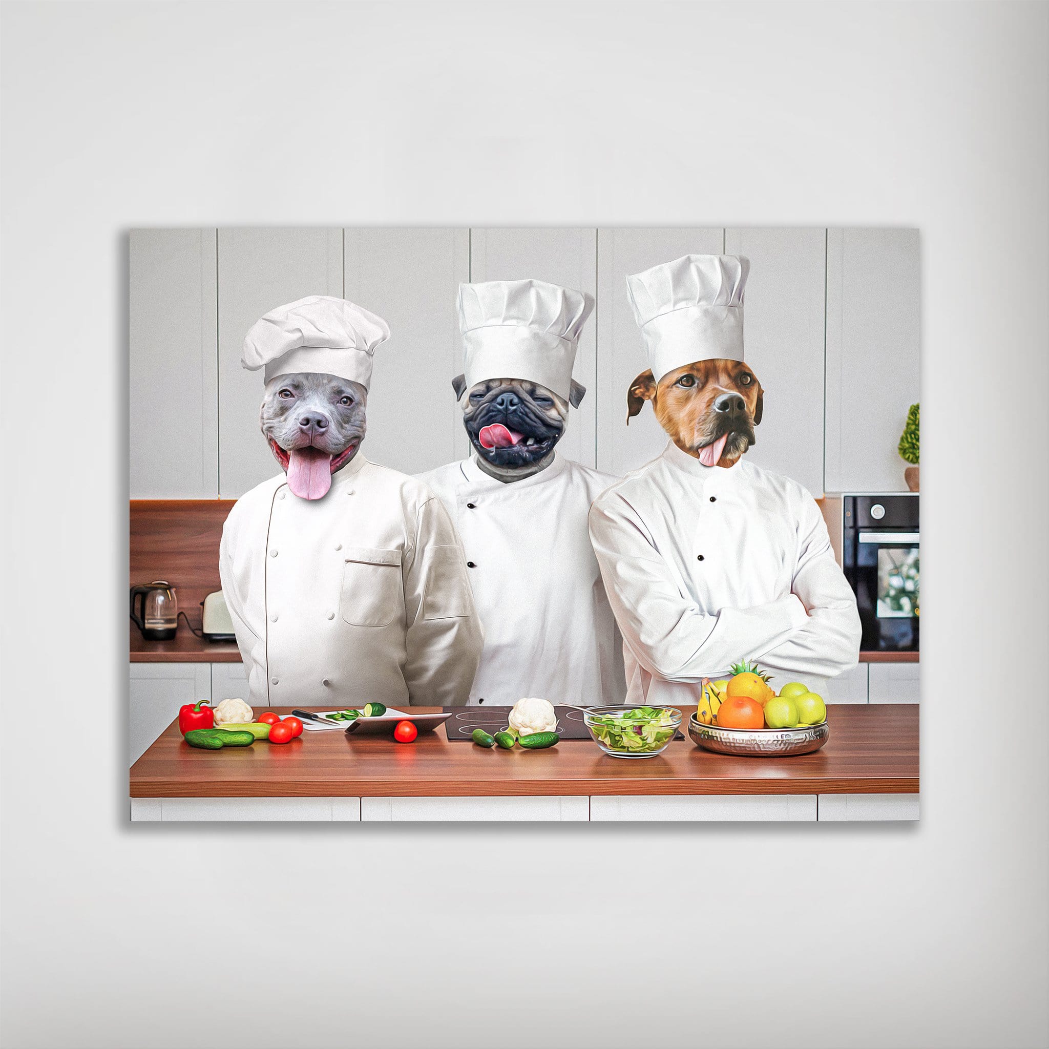 Personalized poster featuring three pets as chefs in white uniforms, preparing food in a modern kitchen.