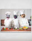 Personalized poster featuring three pets as chefs in white uniforms, preparing food in a modern kitchen.