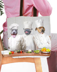 Personalized 'The Chefs' 3-pet portrait tote bag featuring a dog, pug, and pitbull in chef outfits.