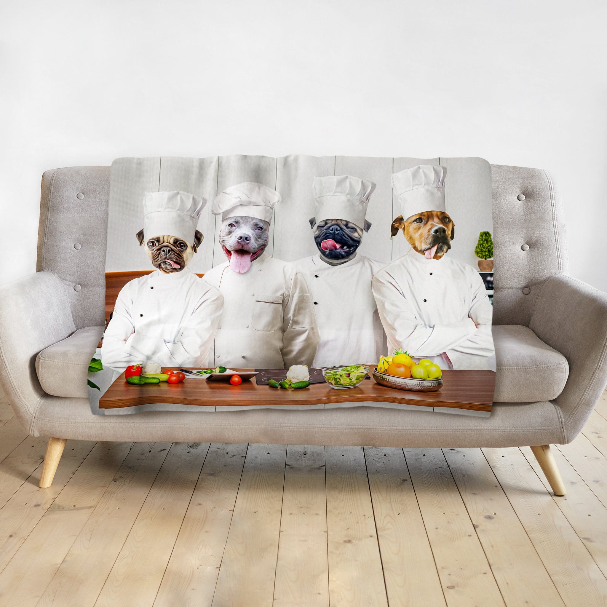 Personalized pet blanket featuring four dogs dressed as chefs preparing food.