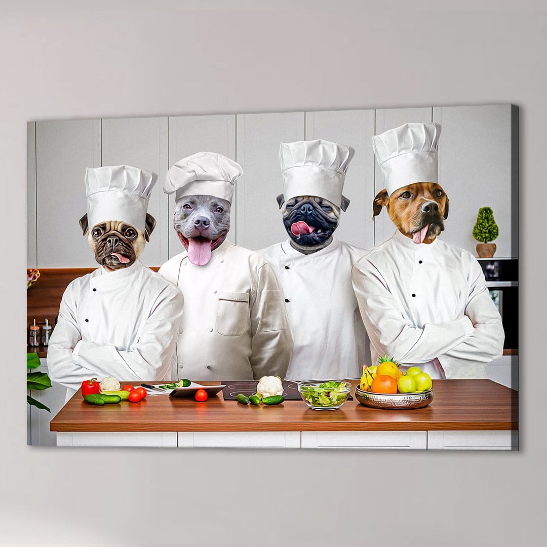 Four personalized pet portraits as chefs in white uniforms and hats, standing in a kitchen.