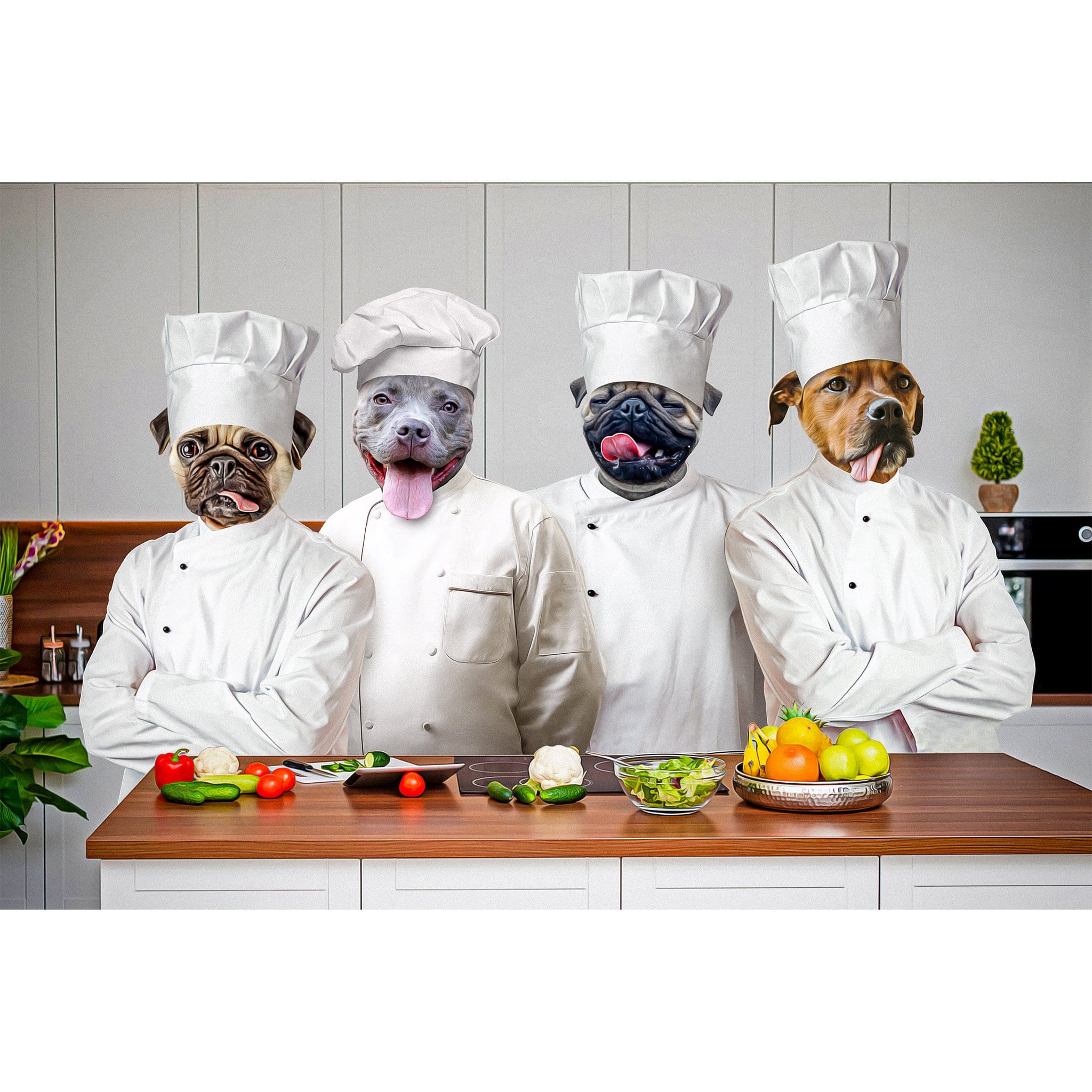 Custom digital portrait of four pets as chefs in a kitchen, ready to cook.