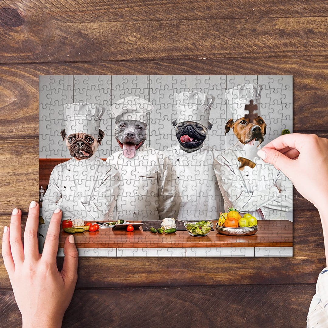 Personalized 4 pet puzzle featuring dogs dressed as chefs, with a hand placing a piece.